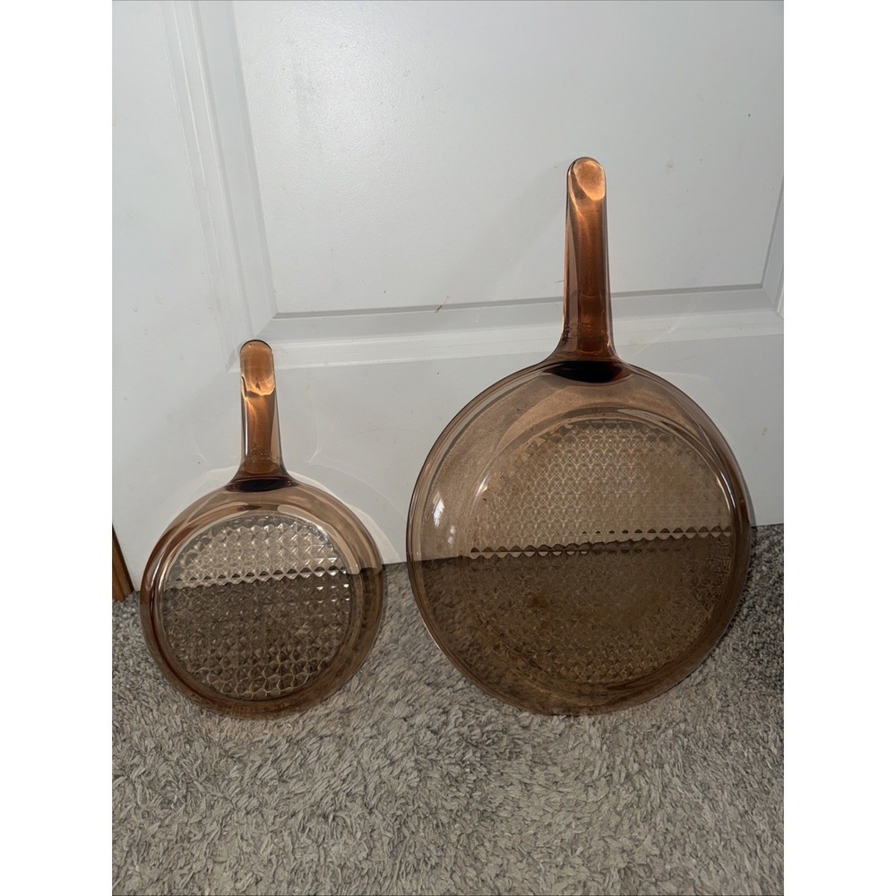 Vtg Corning Ware Visions Glass Amber Waffle Bottom Fry Pan Skillets 10.5" & 7" - Picture 5 of 9